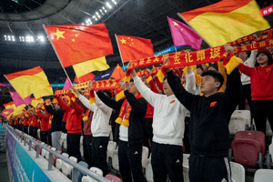 体育场内球迷挥舞旗帜和围巾，营造出热烈的观赛氛围