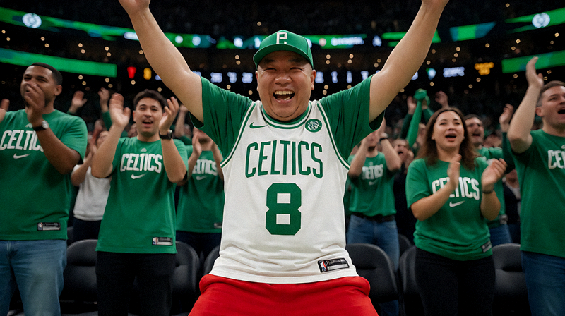 NBA篮球比赛凯尔特人队主场球迷欢呼庆祝得分
